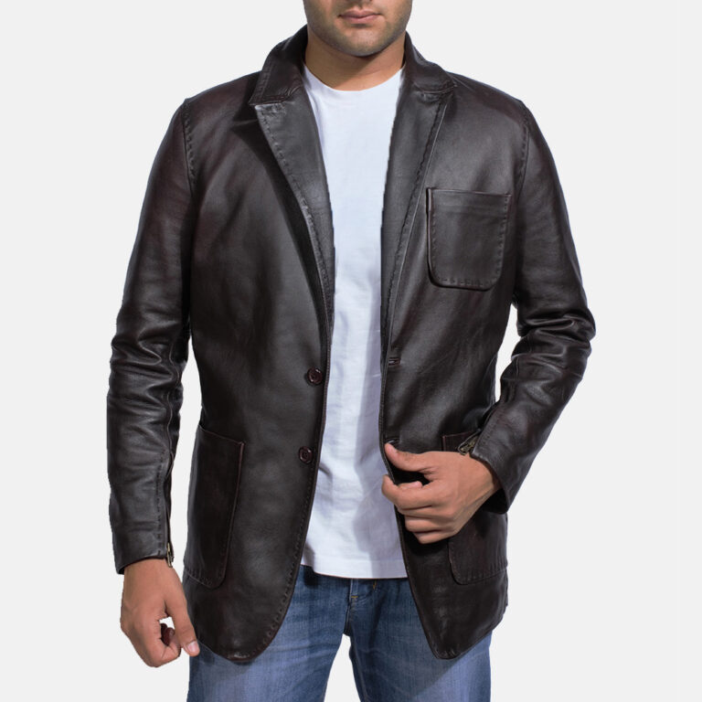 Mens Wine Black Leather Blazer-1491466613051